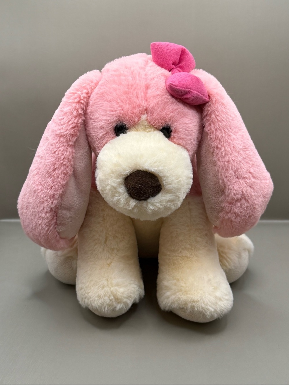 Aurora Pink and White Puppy Dog Plush Stuffed Animal with Bow Luxe Soft